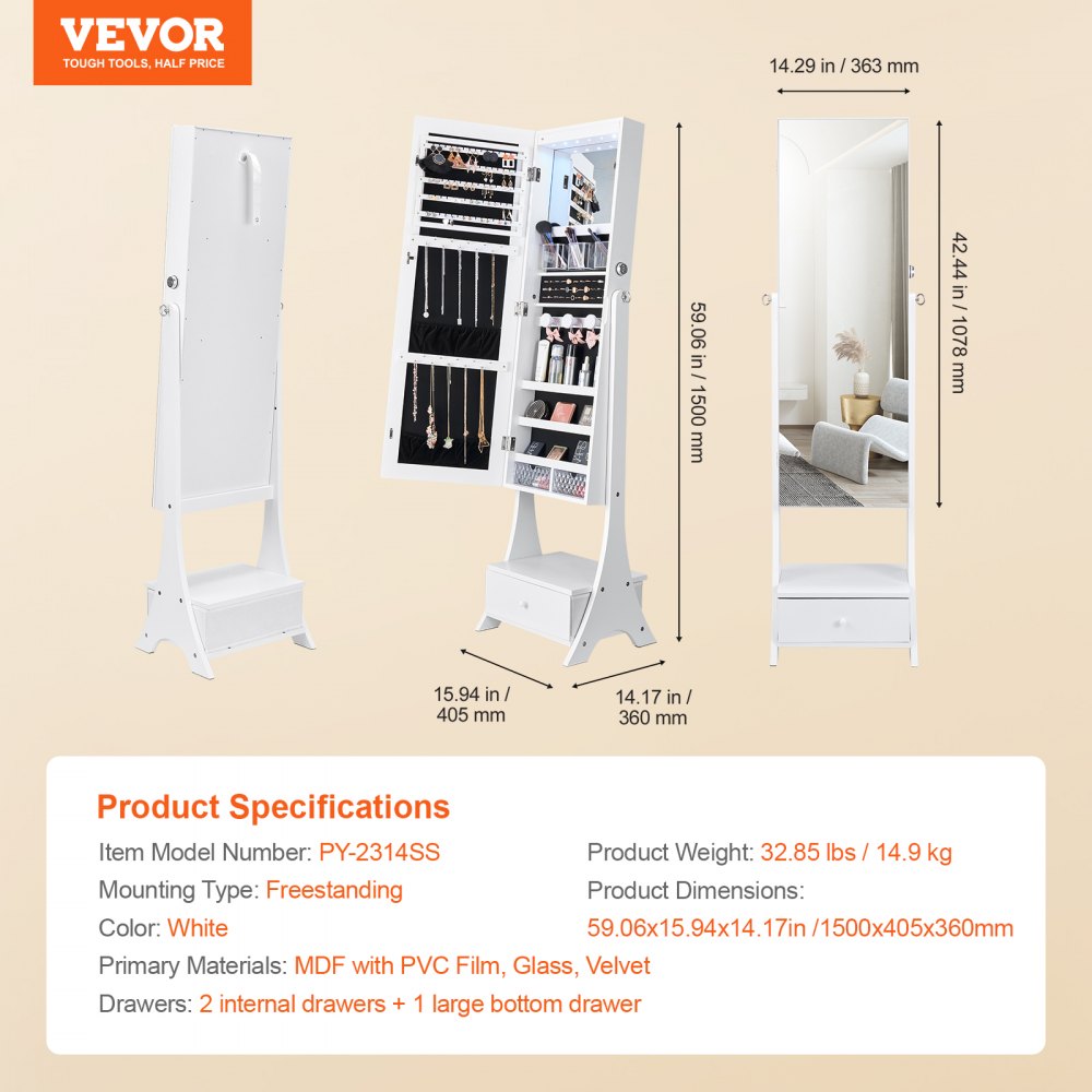 PY-2314SS - Full-Length Mirror Jewelry Cabinet with Lockable Storage and Organizer