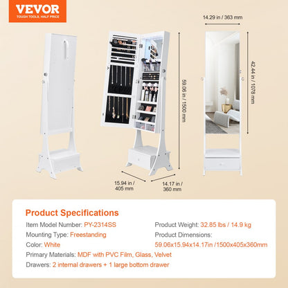 PY-2314SS - Full-Length Mirror Jewelry Cabinet with Lockable Storage and Organizer