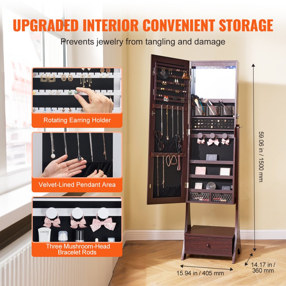 PY-2315SS - Full-Length Jewelry Cabinet & Mirror with 75 Earring Slots