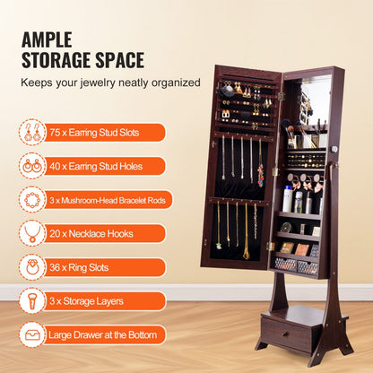 PY-2315SS - Full-Length Jewelry Cabinet & Mirror with 75 Earring Slots