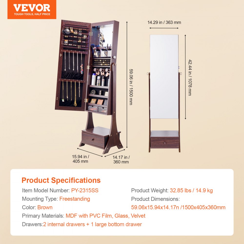 PY-2315SS - Full-Length Jewelry Cabinet & Mirror with 75 Earring Slots