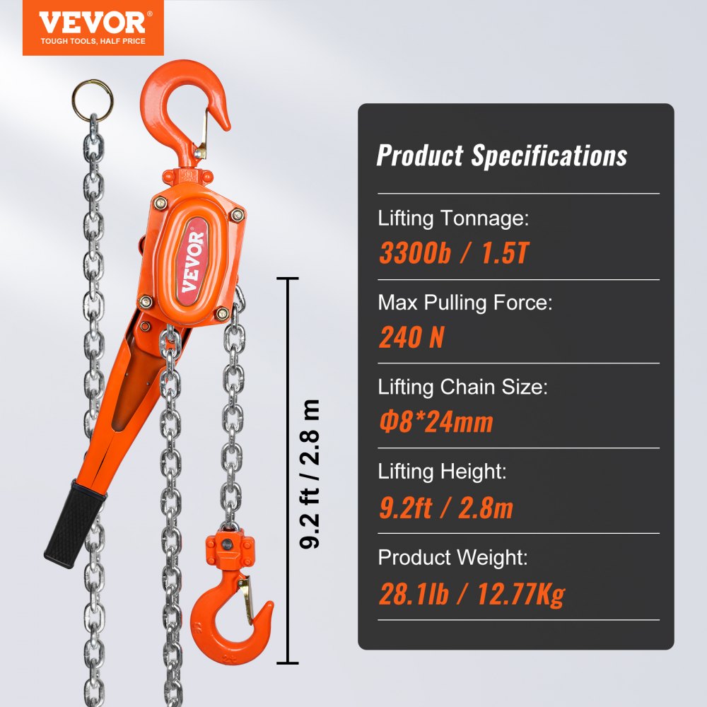010898028107 - Heavy-Duty 1.5 Ton Chain Hoist with Safety Brake System