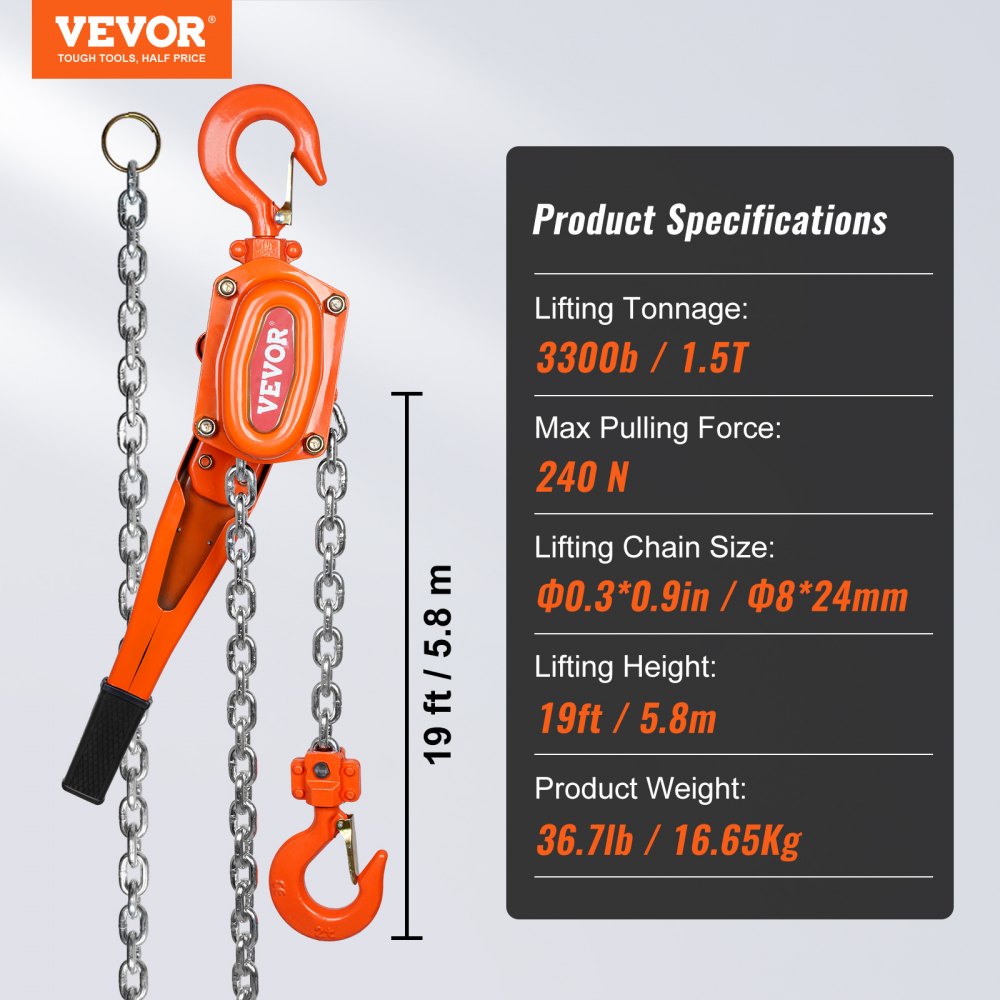 010212957920 - Durable 20FT VEVOR 3300lbs Manual Chain Hoist for Heavy Loads