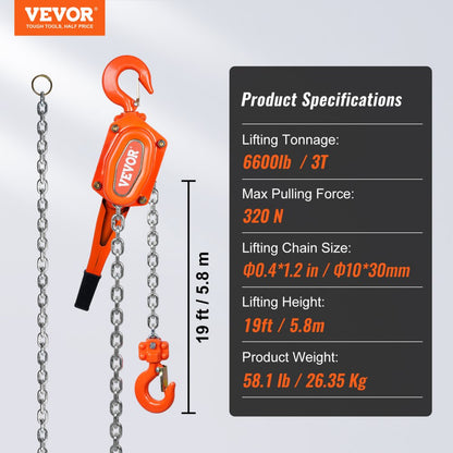010857954207 - 3 Ton Manual Chain Hoist with 20ft Chain & 360° Hook
