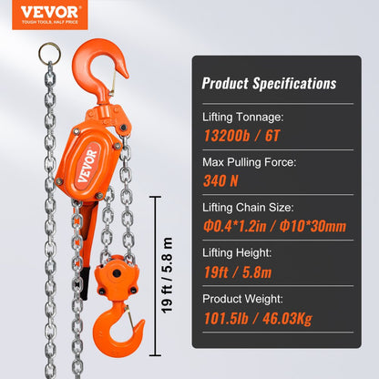 010612612477 - 6 Ton VEVOR Manual Lever Chain Hoist with 20FT Chain