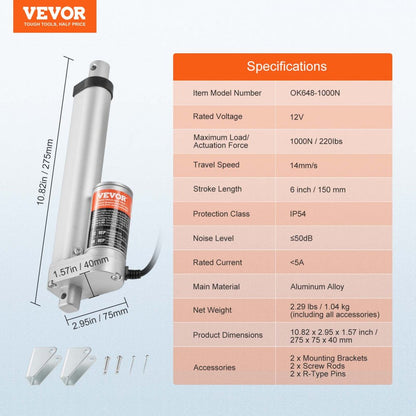 OK648-1000N - 12V Linear Actuator, 6" Stroke, IP54 Waterproof