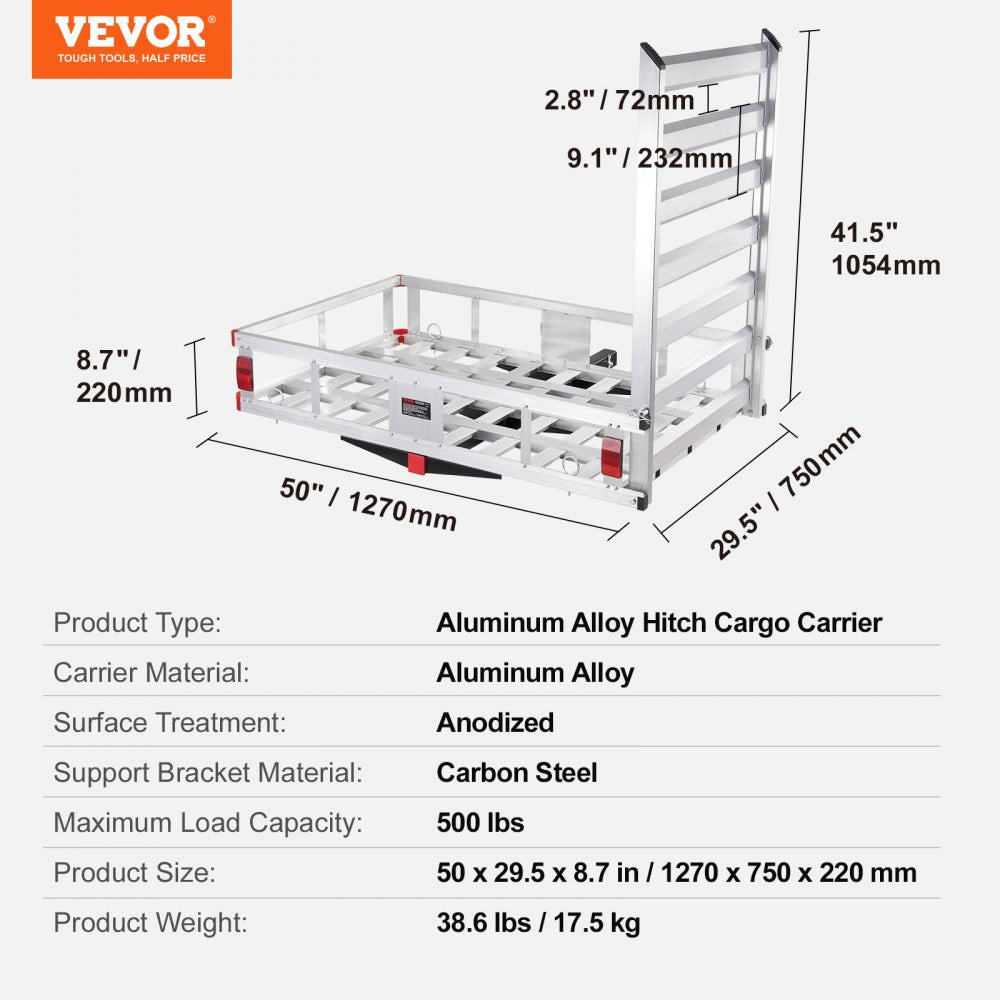 010420825427 - 50"x29.5" Aluminum Hitch Cargo Carrier with Foldable Ramp