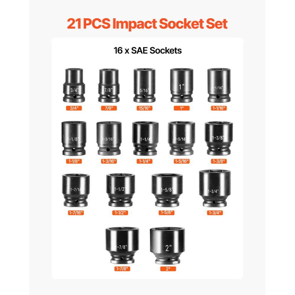 3/4"-21pc - 21-Piece 3/4" High-Torque Impact Socket Set with Case