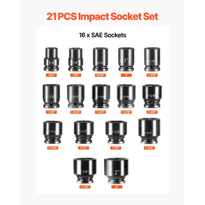 3/4"-21pc - 21-Piece 3/4" High-Torque Impact Socket Set with Case