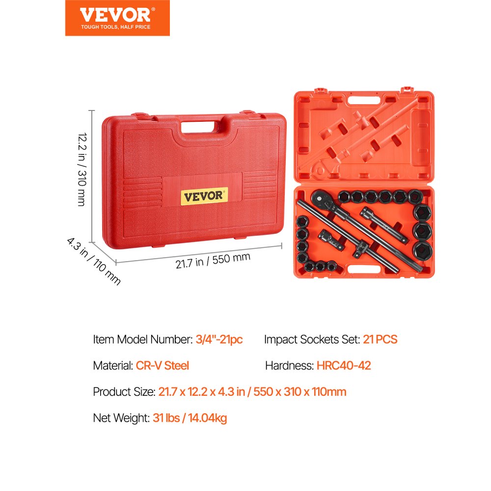 3/4"-21pc - 21-Piece 3/4" High-Torque Impact Socket Set with Case
