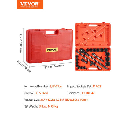 3/4"-21pc - 21-Piece 3/4" High-Torque Impact Socket Set with Case