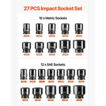 3/4"-27PC - 22-Piece High-Torque Impact Socket Set with Storage Case