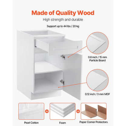 KLCC-01 - Durable 18" White Shaker Base Cabinet with Soft Close Drawers