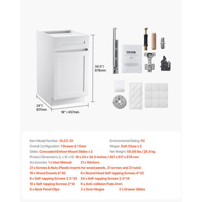 KLCC-01 - Durable 18" White Shaker Base Cabinet with Soft Close Drawers
