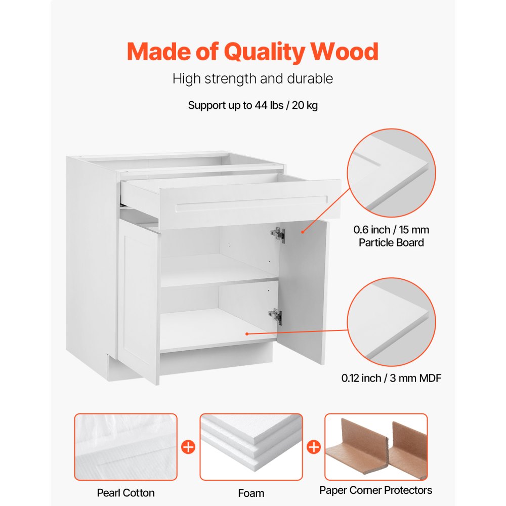 KLCC-04 - 36" White Shaker Base Cabinet with Soft Close Drawer