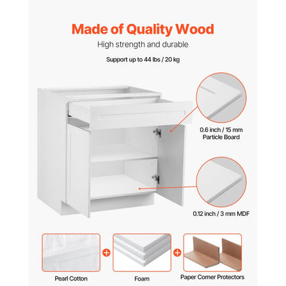 KLCC-04 - 36" White Shaker Base Cabinet with Soft Close Drawer