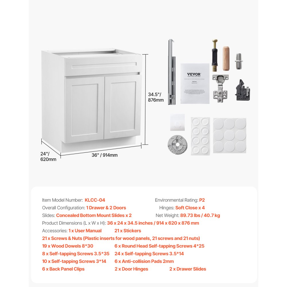 KLCC-04 - 36" White Shaker Base Cabinet with Soft Close Drawer
