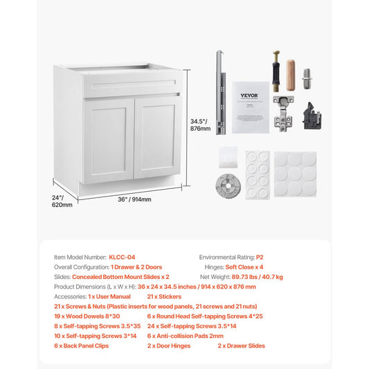 KLCC-04 - 36" White Shaker Base Cabinet with Soft Close Drawer