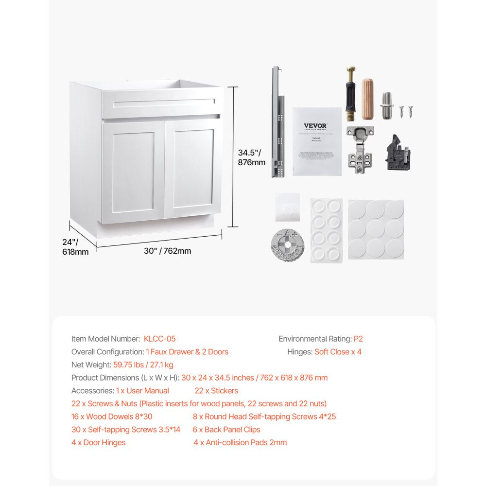 KLCC-05 - 30" White Shaker Base Cabinet with Soft Close Hinges