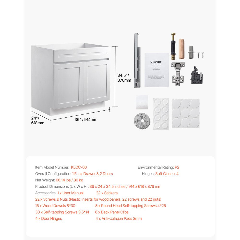 KLCC-06 - 36" White Shaker Base Cabinet with Soft Close Hinges