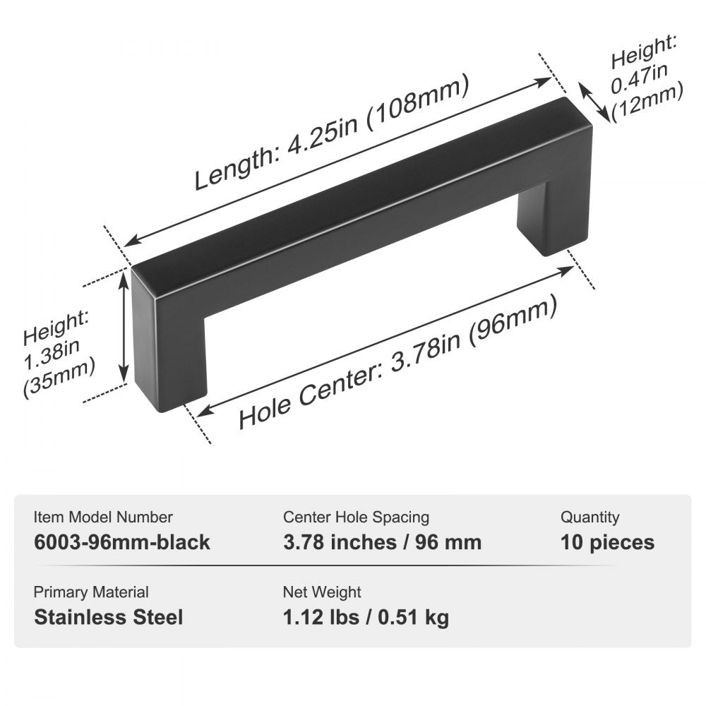 6003-96mm-black - Modern Matte Black Stainless Steel Cabinet Pulls, 3.86in Center