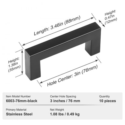 6003-76mm-black - 76mm Matte Black Stainless Steel Cabinet Pulls, Easy Install