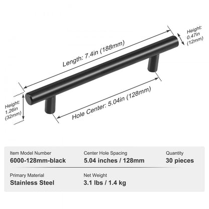 6000-128mm-black - Matte Black Stainless Steel Cabinet Pulls, 30-Pack