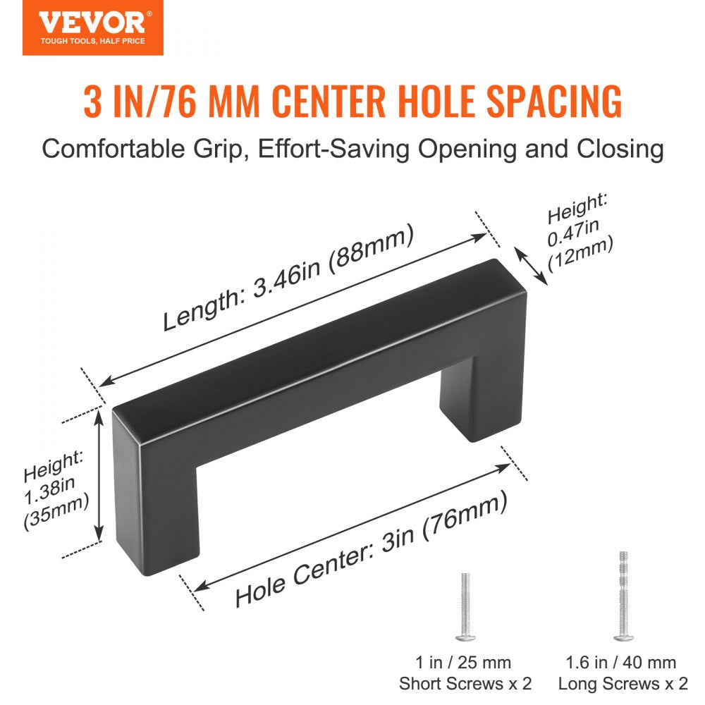 6003-76mm-black - Sleek Matte Black Stainless Steel Cabinet Pulls, 3in Center