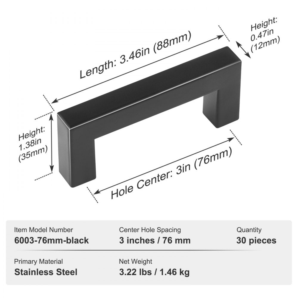 6003-76mm-black - Sleek Matte Black Stainless Steel Cabinet Pulls, 3in Center