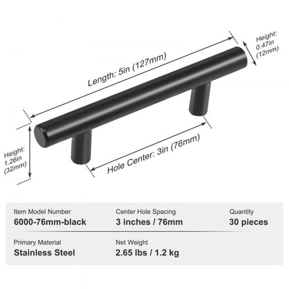 6000-76mm-black - 3in Matte Black Stainless Steel Cabinet Handles, Easy Install