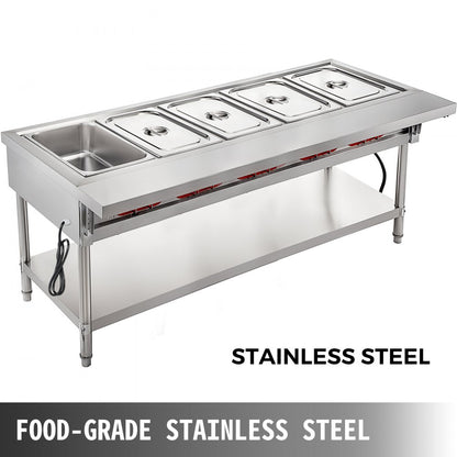 010994015808 - 5-Pot Stainless Steel Steam Table with Temp Control and Lids