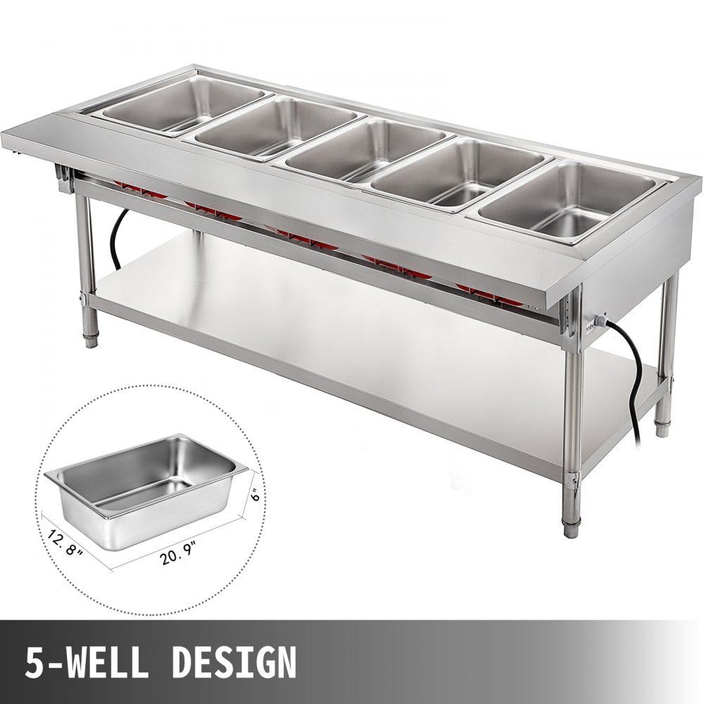 010994015808 - 5-Pot Stainless Steel Steam Table with Temp Control and Lids