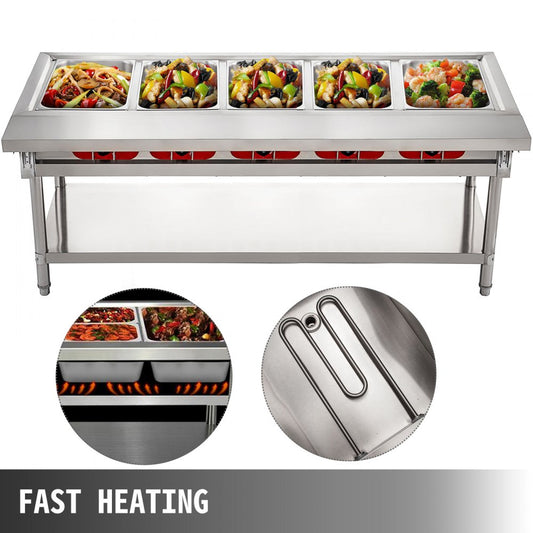 010994015808 - 5-Pot Stainless Steel Steam Table with Temp Control and Lids