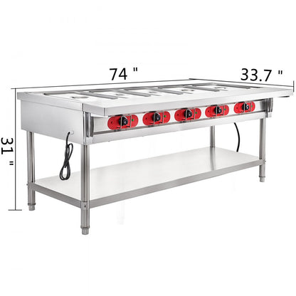 010994015808 - 5-Pot Stainless Steel Steam Table with Temp Control and Lids