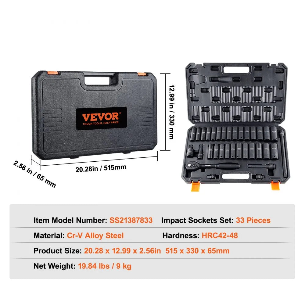SS21387833 - 33-Piece Cr-V Impact Socket Set, SAE 3/8"-1" & Metric 10-24mm