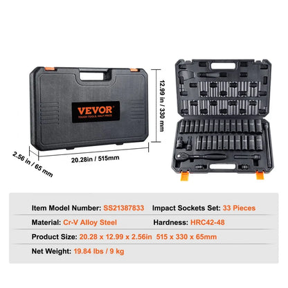 SS21387833 - 33-Piece Cr-V Impact Socket Set, SAE 3/8"-1" & Metric 10-24mm