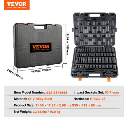 SS213878655 - 65-Piece Cr-V Steel Heavy-Duty Impact Socket Set in Toolbox