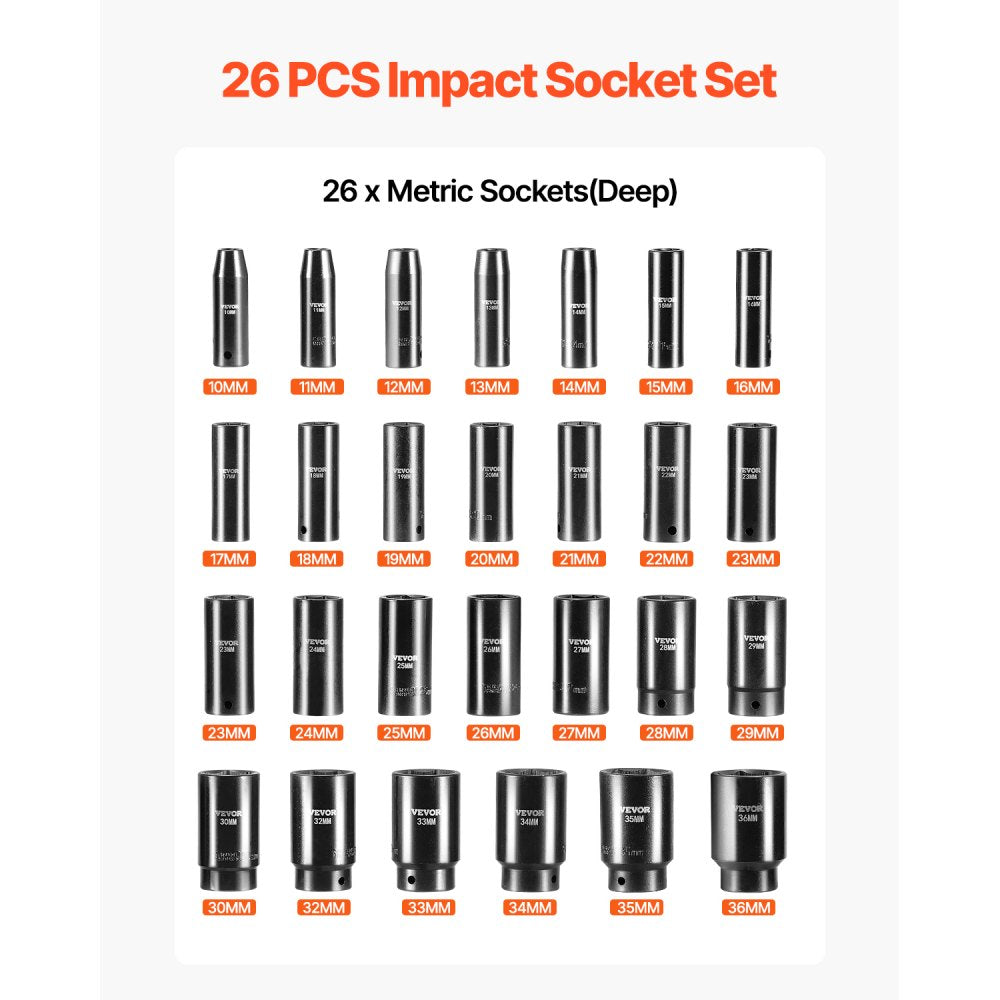 010456799483 - 26-Piece Durable Alloy Steel Impact Socket Set with Storage Case