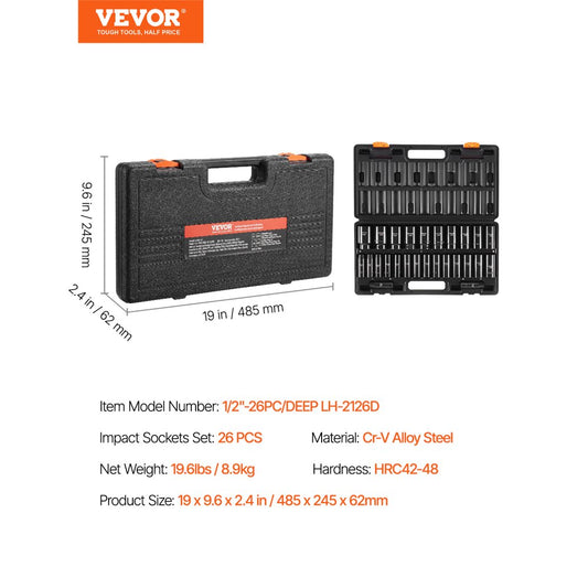 010456799483 - 26-Piece Durable Alloy Steel Impact Socket Set with Storage Case