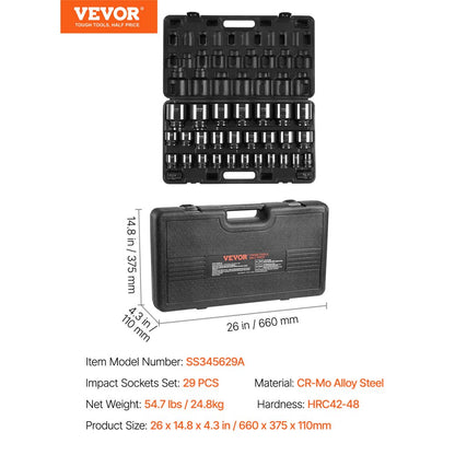 010978649334 - 29-Piece 3/4" Drive Impact Socket Set in Alloy Steel