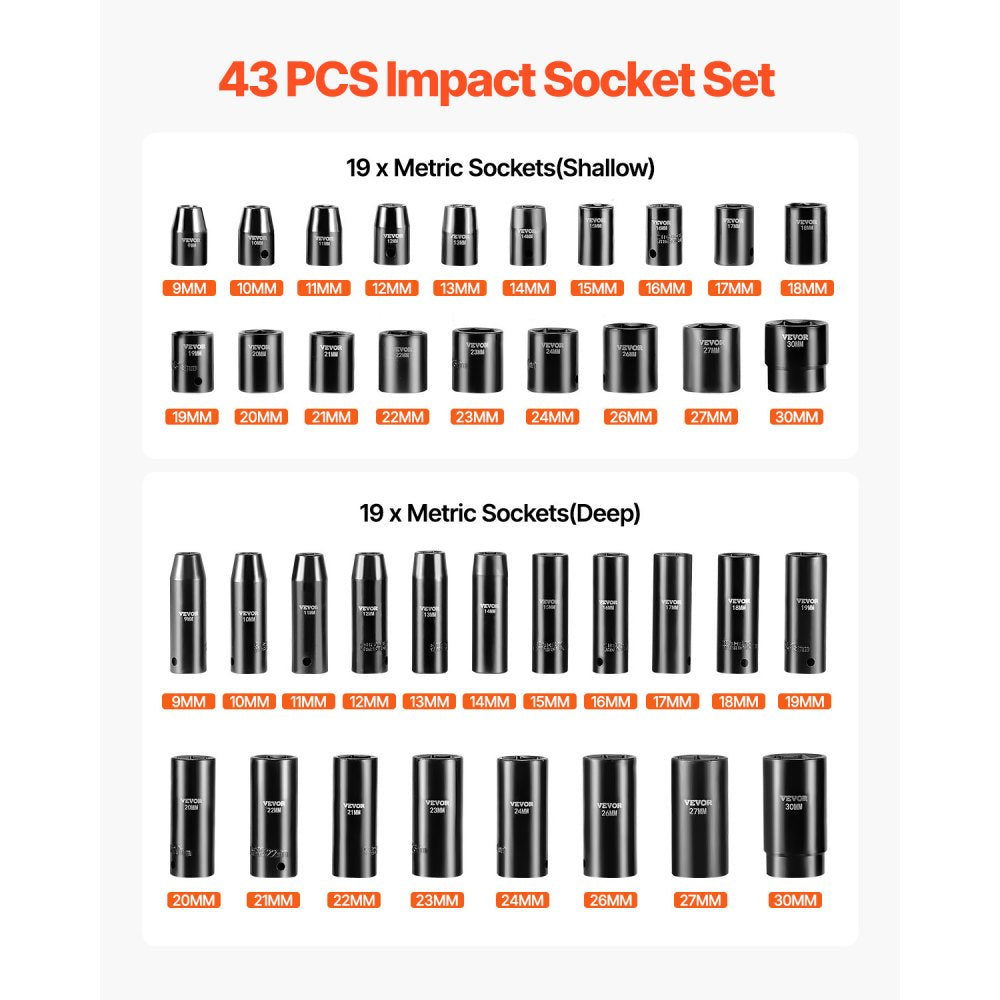 010745509207 - 43-Piece VEVOR Socket Set 9-30mm in Compact Case
