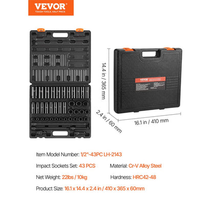 010745509207 - 43-Piece VEVOR Socket Set 9-30mm in Compact Case