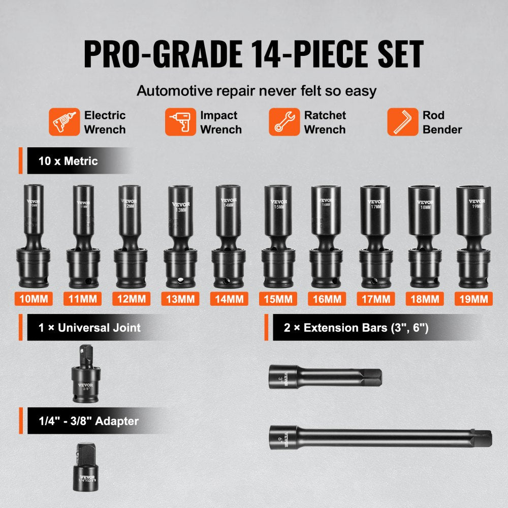 SX38MUN1400 - 14pcs 360° Swivel Impact Socket Set for Auto Repairs