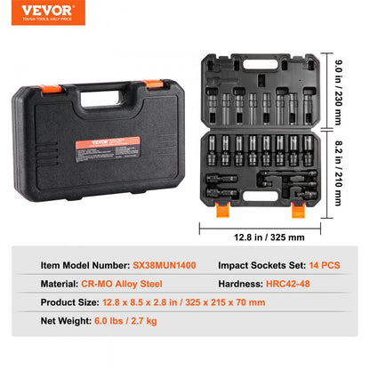 SX38MUN1400 - 14pcs 360° Swivel Impact Socket Set for Auto Repairs