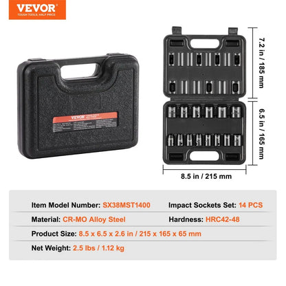 SX38MST1400 - 14-Piece VEVOR Impact Socket Set with Durable Case