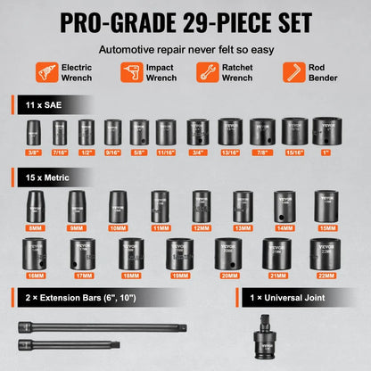 SX38DST2900 - 29pc 3/8in VEVOR Impact Socket Set with Durable Case