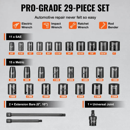 SX38DST2900 - 29pc 3/8in VEVOR Impact Socket Set with Durable Case