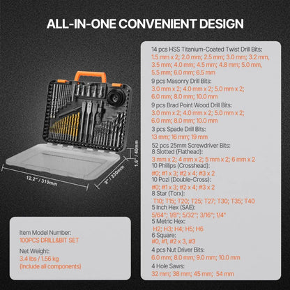 100PCS DRILL & BIT SET - 100-Piece Drill & Driver Kit for Metal, Wood, and More