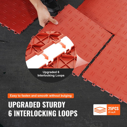 JQ-3025RD - Durable Non-Slip Interlocking Garage Floor Tiles, 12"x12" (25 Pack)