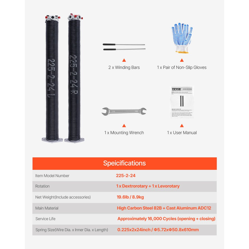 225-2-24 - Durable Garage Door Torsion Springs, 0.225 x 2 x 24 inch